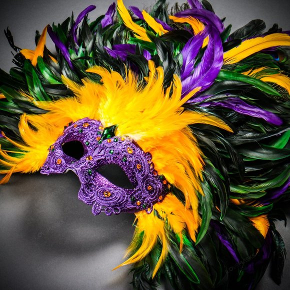 Luxury Women Carnival Masquerade Ball Mardi Gras Large Top Feather Venetian Mask - Picture 2 of 5